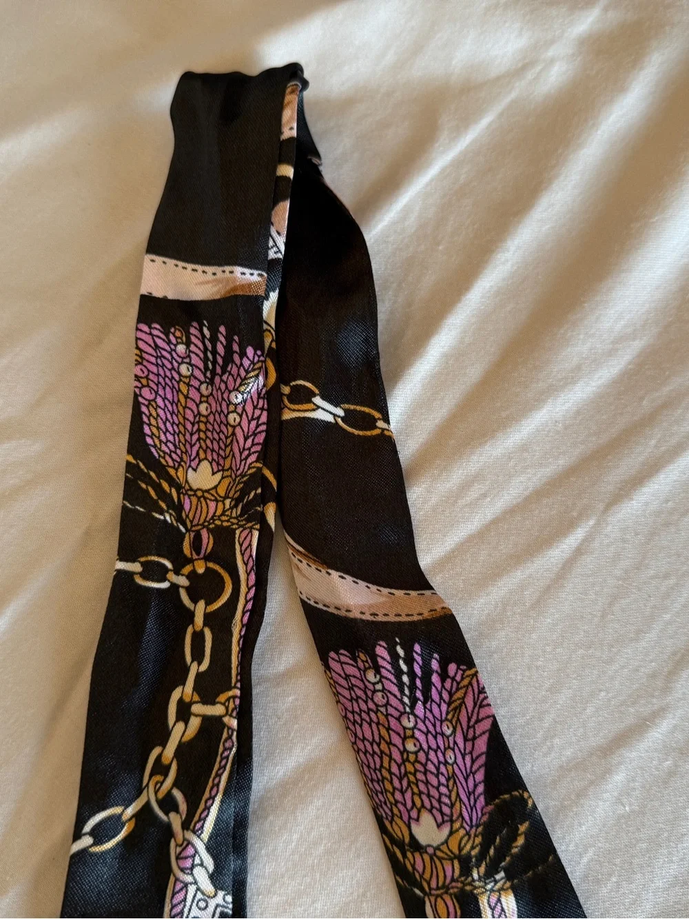 Twill Silk Scarf Ribbon Belt Print Head Bag Neck Tie 34” Black Chain Keychain